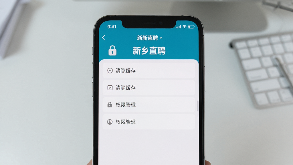 主体为一部手机展示新乡直聘设置页面,页面包含清除缓存与权限管理选项;布局为手机居中,背景为浅灰色桌面;排版清晰,选项条目纵向排列;风格为简洁实用风;细节上屏幕内“新乡直聘”标识可见,选项文字清晰;画质高清,画面干净,无多余元素