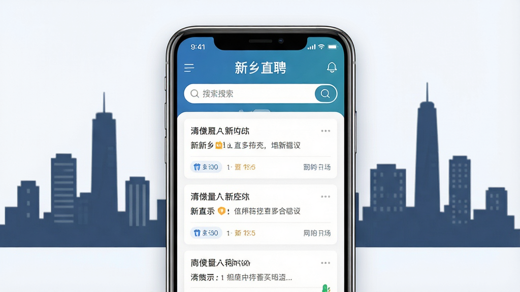 主体为一部智能手机居中展示,屏幕内呈现“新乡直聘”应用界面,包含岗位列表与搜索框;布局上手机置于画面中央,背景为新乡城市天际线剪影;排版简洁,应用界面元素清晰可辨;风格为现代扁平化UI展示风;细节上手机边缘有柔和光影,界面文字“新乡直聘”清晰;画质高清,画面干净,无多余元素