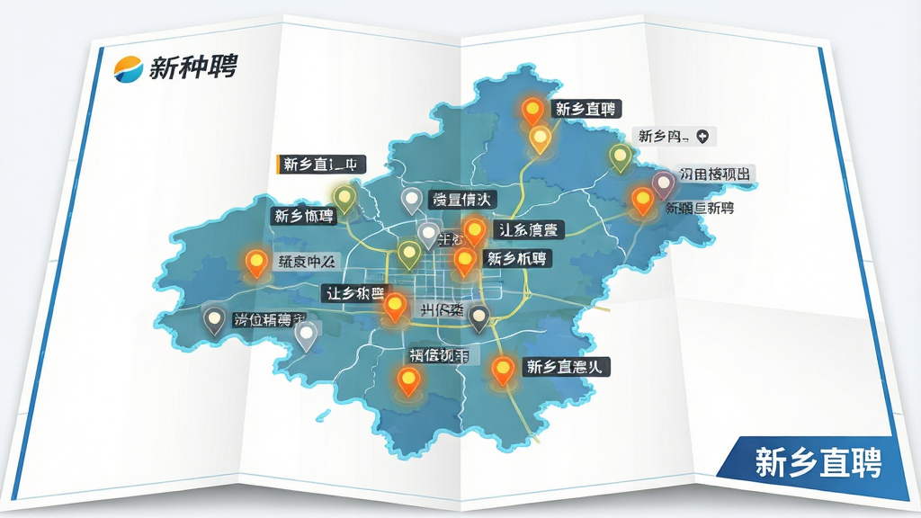 主体为一张展开的新乡地图,地图上分布多个岗位标记点;布局为地图铺满画面,标记点以高亮圆点呈现;排版上地图居中,四周留白;风格为信息图表风;细节上每个标记点旁配有简短岗位标签,地图一角标注“新乡直聘”;画质清晰,画面干净,无多余元素