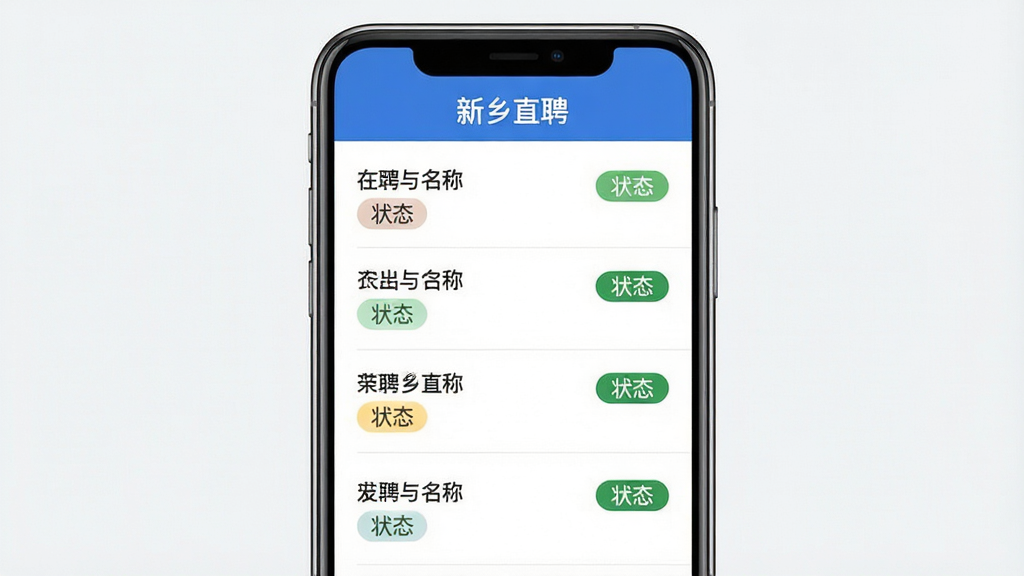 主体为手机屏幕展示简历投递记录列表;布局为屏幕居中,列表条目纵向排列;排版整齐,每条记录包含岗位名称与状态标签;风格为简洁商务风;细节上状态标签以不同颜色区分,屏幕顶部显示“新乡直聘”字样;画质高清,画面干净,无多余元素