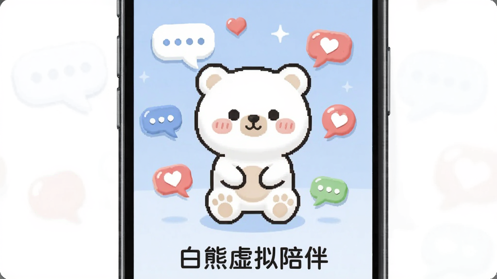 手机屏幕中央展示一只可爱的白色小熊卡通形象,周围环绕聊天气泡和爱心图标,背景为柔和的浅蓝色渐变,画面下方有