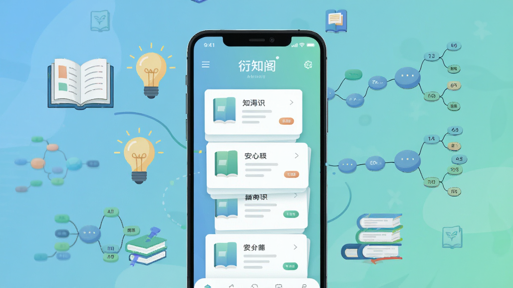 一款名为“衍知阁”的安卓手机应用主界面,画面中央是手机屏幕展示知识卡片流,周围环绕书本、灯泡、思维导图节点等知识元素,整体布局居中对称,排版清爽,风格为现代扁平化插画,细节包括柔和的蓝绿色渐变背景与细线条图标,画质高清,画面干净,无多余元素