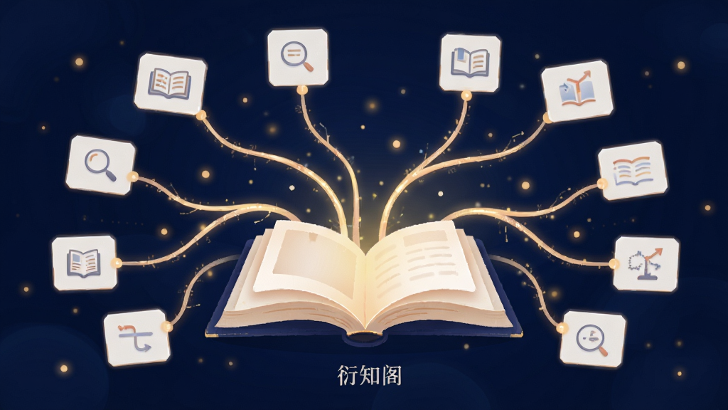 围绕“衍知阁”知识衍生阅读功能,画面主体为一本打开的书,书页中延伸出多条发光的分支线条,每条分支末端连接一个知识卡片图标,布局呈放射状,排版疏密有致,风格为科技感插画,细节包括深蓝色背景与暖色光点,画质清晰,画面干净,无多余元素
