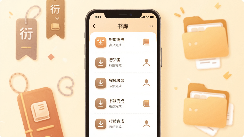 衍知阁离线收藏功能展示,主体为手机屏幕中的书库列表与下载完成图标,布局为手机居中、周围点缀书签与文件夹元素,排版清晰,风格为柔和插画,细节包括暖色调背景与简洁图标,画质高清,画面干净,无多余元素