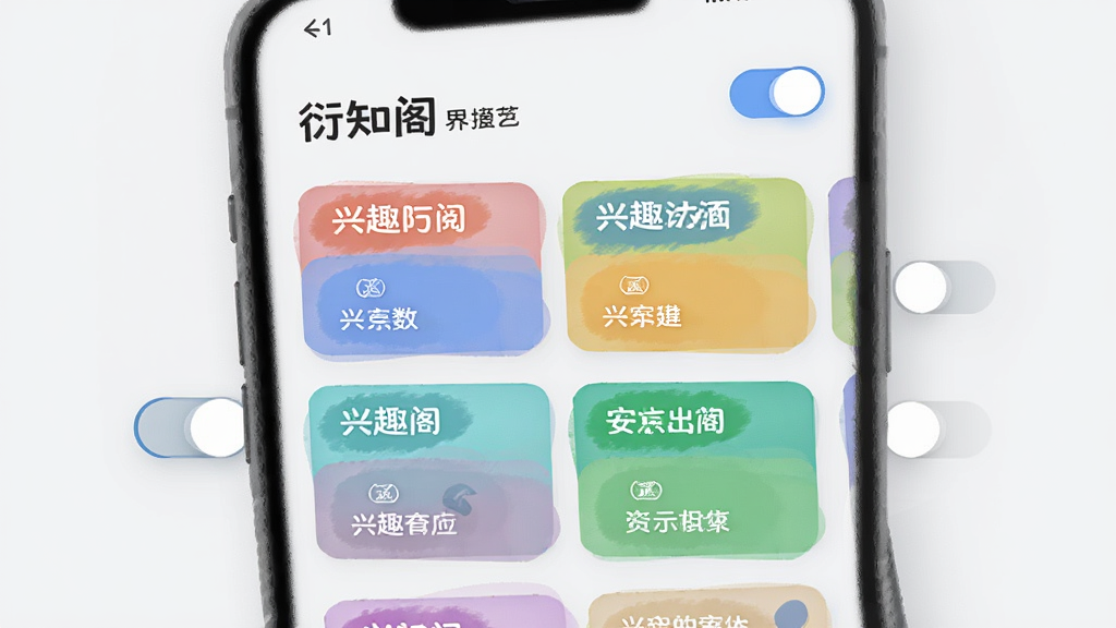 衍知阁个性化订阅界面示意,主体为手机屏幕展示多个兴趣标签卡片与开关按钮,布局为上下分层、卡片网格排列,排版规整,风格为现代UI插画,细节包括浅灰底色与彩色标签块,画质清晰,画面干净,无多余元素