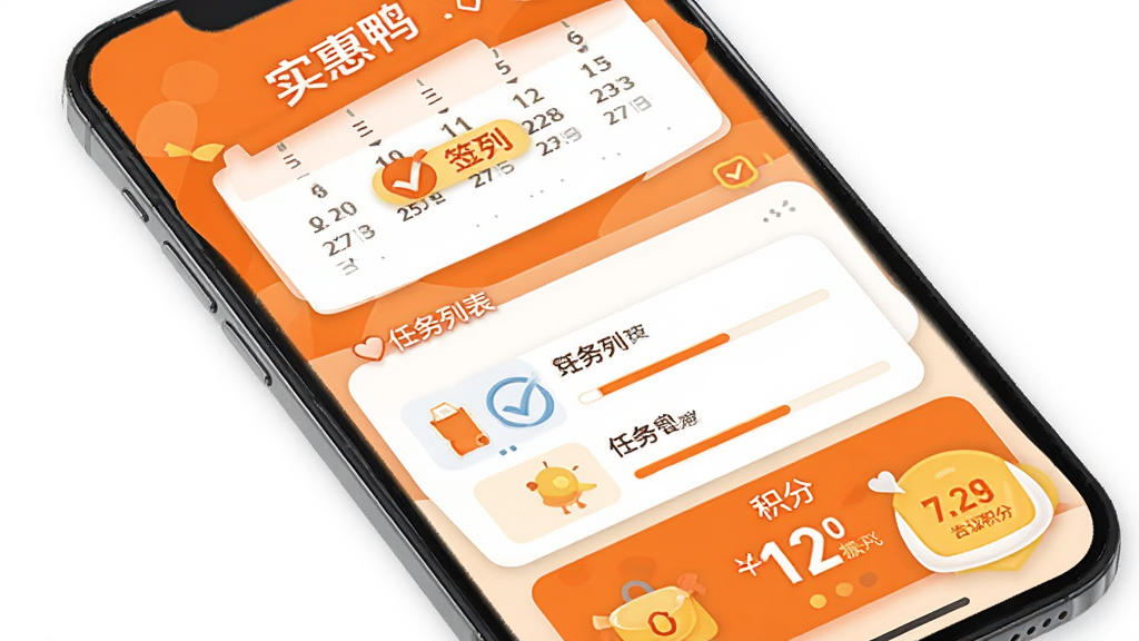 主体为“实惠鸭”签到页面手机截图,布局为上方日历签到区、中部任务列表区、下方积分展示区,排版层次分明,风格为活力橙色调扁平设计,细节包含签到对勾图标、任务进度条、积分数字,画质明亮干净,无多余元素