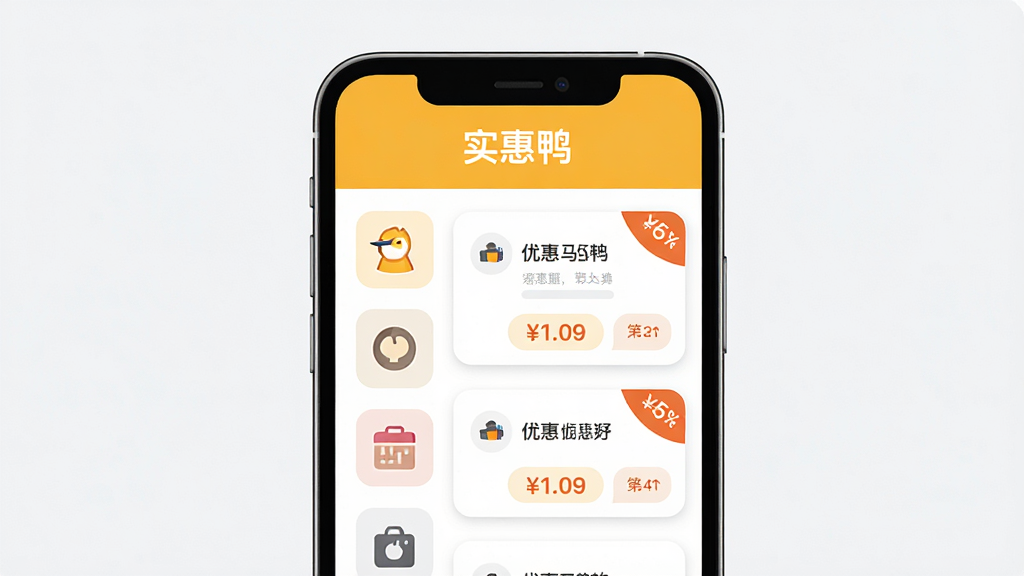 主体为一部智能手机居中摆放,屏幕内展示购物优惠券列表界面,上方有“实惠鸭”文字标识,布局采用左右分栏,左侧为品类图标,右侧为优惠卡片,排版整齐有序,风格为扁平化现代UI设计,细节包含圆角卡片、价格标签、折扣角标,画质清晰干净,无多余元素