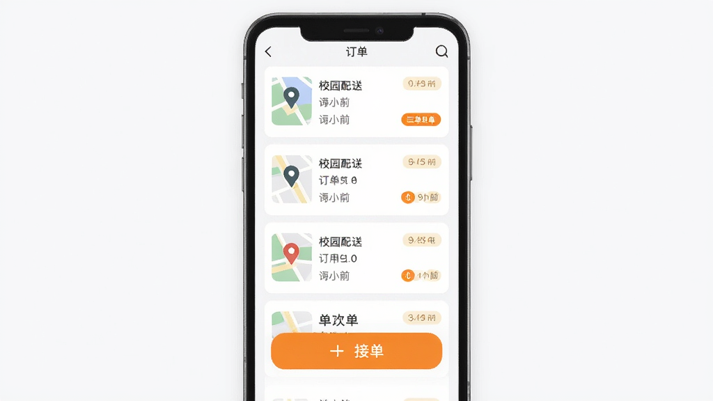 橙子校园配送端手机界面展示订单列表与抢单按钮,主体为一部竖屏手机,屏幕内呈现卡片式订单信息与醒目的接单按钮,布局居中,风格清爽扁平化,细节包含地图定位图标与时间标签,画质清晰干净无多余元素