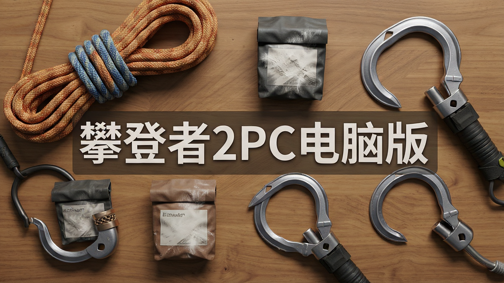 主体为游戏装备界面展示攀岩绳、防滑粉袋与抓钩等道具排列在木质桌面上,布局采用俯视平铺构图、道具错落有致,排版上在画面中央以半透明字体呈现“攀登者2PC电脑版”字样,风格为写实静物游戏UI展示图,细节包含道具材质纹理与柔和阴影,画质高清、干净整洁、无多余元素