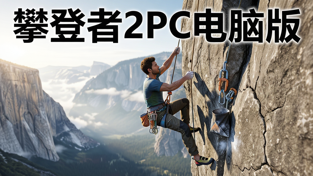 主体为一位身穿攀岩装备的攀登者悬挂在陡峭岩壁上,背景是壮阔的山谷与晨雾,布局采用竖版构图突出人物与岩壁的垂直张力,排版上游戏标题“攀登者2PC电脑版”以粗体置于画面顶部,风格为写实CG游戏宣传画,细节包含岩壁裂纹、安全绳扣、攀岩鞋与镁粉袋,画质高清锐利、干净无多余元素