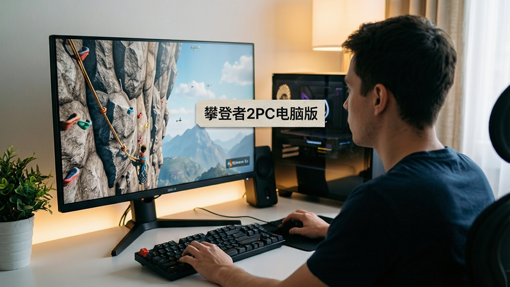 主体为一名玩家坐在电脑前专注操作攀岩游戏、屏幕显示陡峭岩壁画面,布局采用侧后方视角展现玩家与显示器,排版上在屏幕旁以标签形式标注“攀登者2PC电脑版”字样,风格为写实生活场景摄影感,细节包含键盘鼠标、桌面绿植与柔和室内灯光,画质清晰、干净、无多余元素