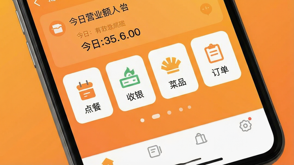 一张手机屏幕特写,画面中央是餐饮点餐管理软件的首页界面,顶部显示店铺名称与今日营业额数字,中部为“点餐”“收银”“菜品”“订单”四个大号图标按钮,底部为简洁的导航栏,背景为暖橙色渐变,整体风格干净明亮,扁平化设计,画质清晰,无多余元素
