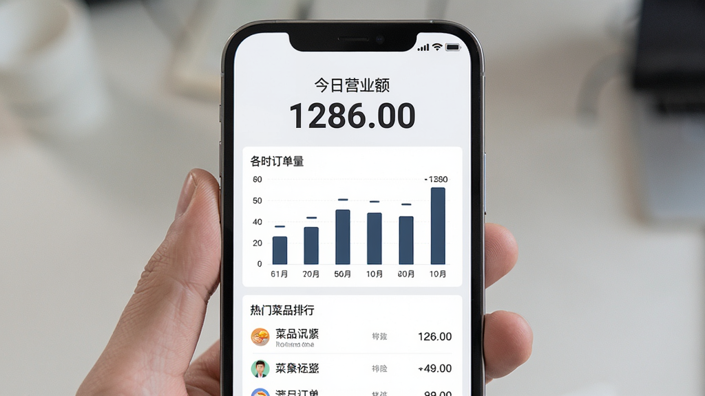 手机屏幕显示营业数据看板,上方为大号数字“今日营业额 1286.00”,下方为柱状图展示各时段订单量,再下方为热门菜品排行列表,界面为浅色背景配深色文字,风格简洁商务,画质清晰,无杂乱装饰