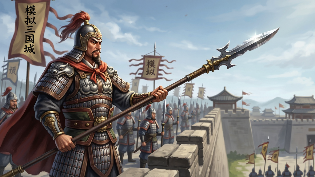 画面主体为一位身披铠甲的三国武将立于城楼之上,手持长兵器眺望远方,身后是整齐列队的守城士兵与飘扬的军旗,布局上武将位于画面左侧三分之一处形成视觉焦点,右侧留出城池与天空的延展空间,排版采用竖版构图突出人物气势,风格为写实国风游戏角色立绘,细节上表现盔甲纹路、披风飘动、兵器金属质感与面部神情,画质高清细腻,画面干净无多余元素,图中可加入文字“模拟三国城”