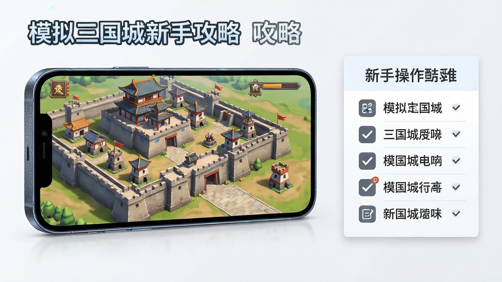 画面主体为一部智能手机横屏显示三国城防游戏界面,屏幕中城池建筑与防御塔清晰可见,手机旁边放置一份简洁的新手操作提示清单,布局上手机居中偏左、清单在右侧形成对比,排版干净利落,风格为科技感产品展示插画,细节上表现手机边框质感、屏幕光影与清单图标,画质高清简洁,画面干净无多余元素,图中可加入文字“模拟三国城 新手攻略”