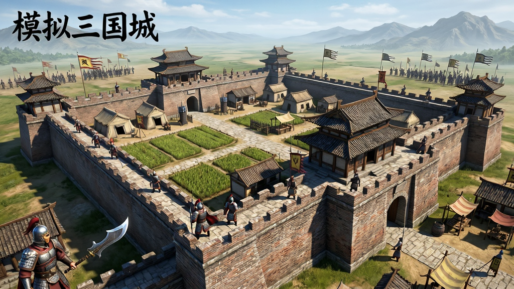 画面主体为一座宏伟的中国古代三国风格城池,城墙高耸、箭楼林立,城内有农田、兵营、市集等建筑错落分布,城墙上站着身披铠甲的守城将士,远处平原上敌军旗帜隐约可见,整体布局采用俯视全景视角展现城池全貌,排版上城池居中占据画面主要区域,天空与远山作为背景衬托,风格为写实国风游戏概念插画,细节上刻画砖石纹理、木质城楼、将士盔甲与兵器反光,画质高清精致,画面干净无多余杂乱元素,图中可加入文字“模拟三国城”作为标题点缀