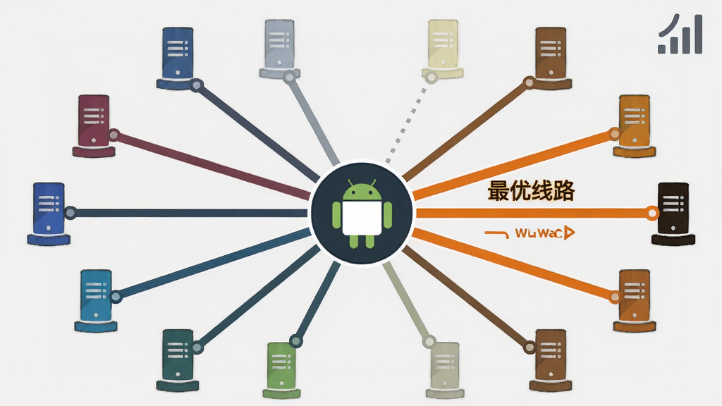 画面主体为一张网络拓扑示意图,中心是Wuwa Tappo Android版的圆形图标,四周发散出多条连接线指向不同颜色的服务器节点,其中一条线路被高亮标注为“最优线路”,布局为放射状结构,风格为简洁的信息图设计,细节包括浅灰色背景、节点用圆点表示、连接线有粗细变化、右上角有信号强度图标,画质清晰干净,无多余元素