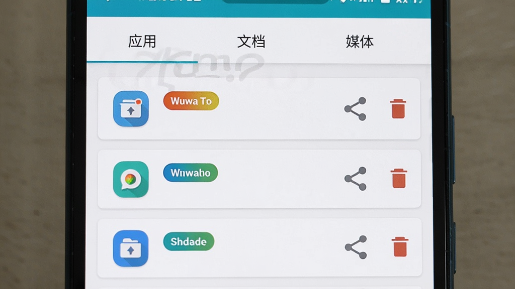 画面主体为一部安卓手机屏幕特写,屏幕显示Wuwa Tappo Android版的下载记录页面,页面按“应用”“文档”“媒体”三个标签分类展示文件列表,每个文件条目右侧有分享和删除图标,布局为手机居中、屏幕内容占画面主要面积,风格为清爽的UI界面展示,细节包括白色卡片底色、浅灰色分割线、彩色分类标签、圆角图标,画质清晰干净,无多余元素