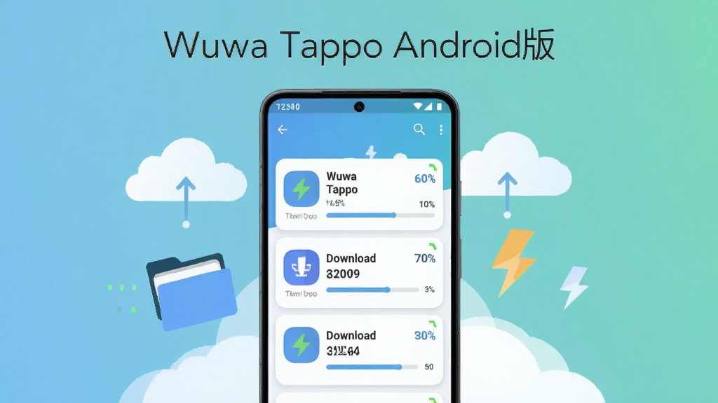 画面主体为一台竖屏安卓手机,手机屏幕显示Wuwa Tappo Android版的下载管理界面,界面中有多个下载任务卡片与进度条,手机周围环绕着云朵、文件夹和闪电符号,布局采用居中构图,手机位于画面正中央,上方留白放置标题文字“Wuwa Tappo Android版”,风格为扁平化科技插画,细节包括柔和的蓝绿色渐变背景、圆角图标、清晰的进度百分比数字,画质清晰干净,无多余元素