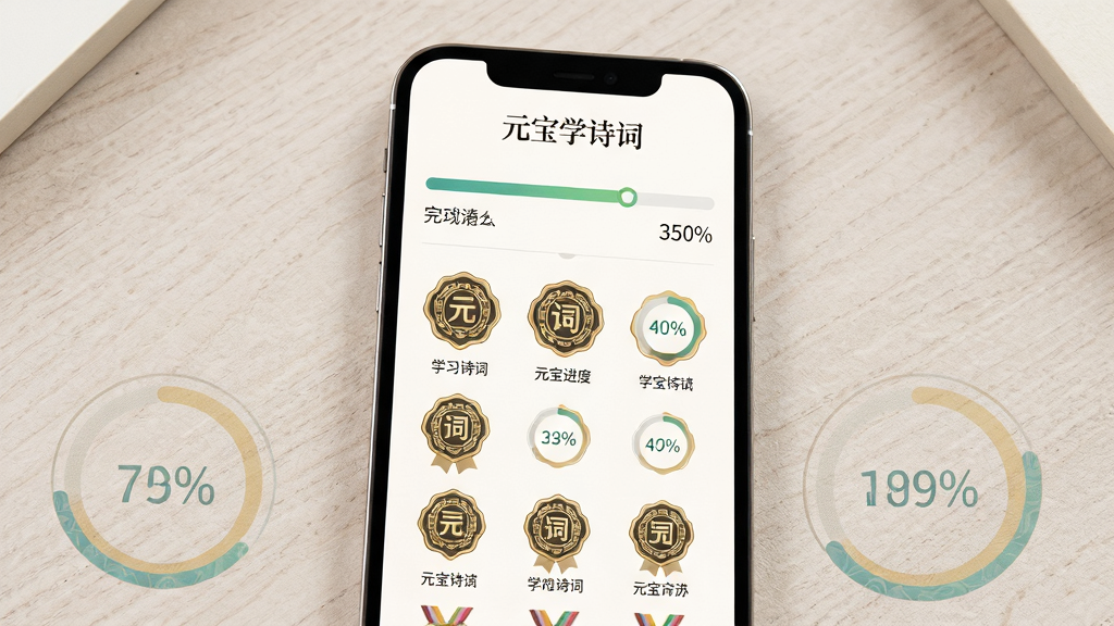 画面主体为手机屏幕展示学习进度面板与勋章墙,屏幕内排列多枚古风勋章与完成度百分比,布局为手机正面平放、背景为浅色纹理桌面,排版采用上下结构上方为进度条下方为勋章网格,风格为简约国潮风,细节包含金色描边勋章、进度环与数据标签,画质精致干净无多余元素,面板顶部写有“元宝学诗词”