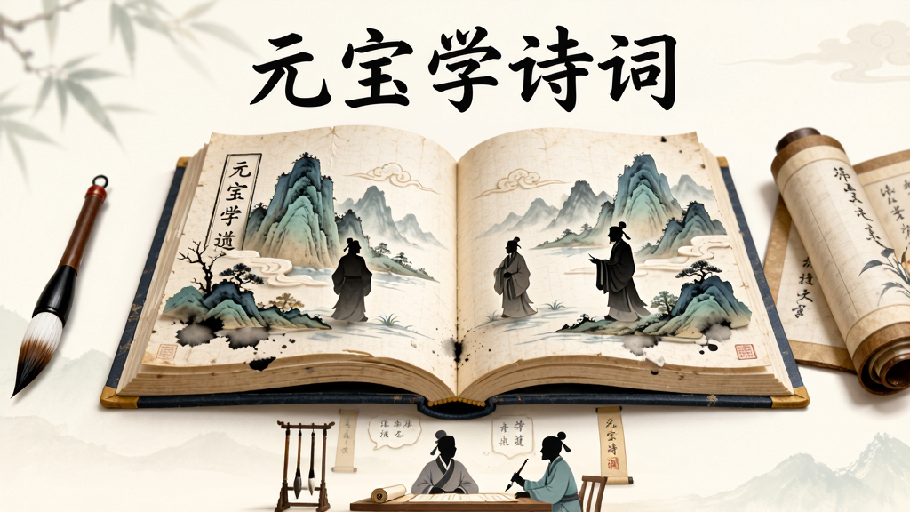 画面主体为一本翻开的古诗词书籍,书页上浮现出立体的山水画与古代诗人剪影,布局为书籍居中、左右两侧分别点缀毛笔与卷轴元素,排版采用上下分层结构上方为软件名称“元宝学诗词”字样下方为学习场景插画,风格为清新国风手绘质感,细节包含书页纹理、墨迹晕染效果与柔和光影,画质高清干净无多余元素