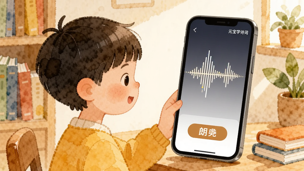 画面主体为一位儿童手持手机跟读古诗的场景,手机屏幕显示波形与朗读按钮,布局为儿童侧身站立、背景为温馨书房,排版采用人物居左屏幕居右的平衡构图,风格为温暖水彩插画风,细节包含声波纹理、书本与绿植点缀,画质柔和干净无多余元素,屏幕角落标注“元宝学诗词”