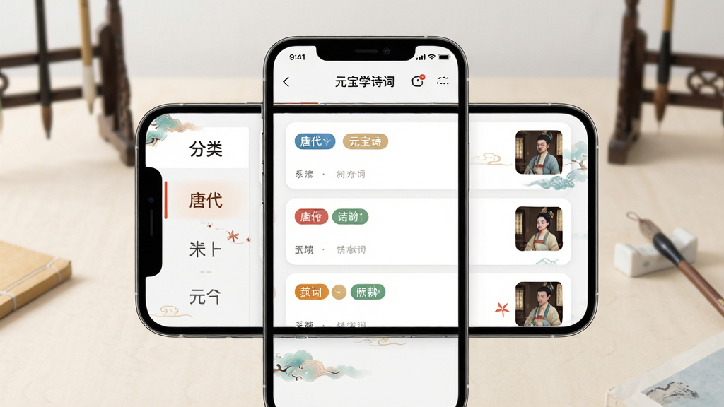 画面主体为手机屏幕显示诗词分类界面,屏幕内呈现按唐代宋代等标签排列的诗词卡片,布局为手机居中放置、背景为淡雅书桌场景,排版采用左右分栏左侧为分类导航右侧为诗词列表,风格为现代扁平化UI设计搭配国风点缀,细节包含卡片圆角、标签色彩区分与缩略图,画质清晰干净无多余元素,屏幕上方标注“元宝学诗词”