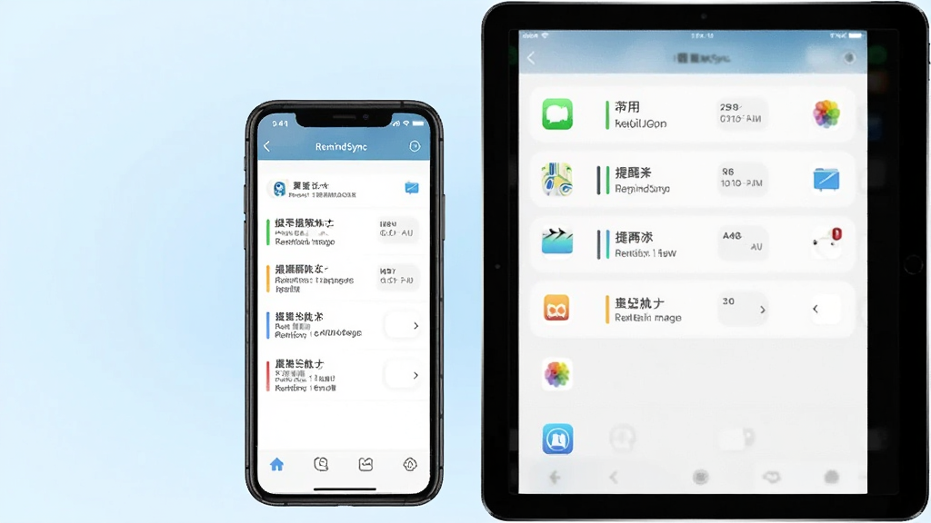 一张展示RemindSync软件界面的手机与平板组合图,画面中央为手机屏幕显示提醒事项列表,右侧平板同步展示相同内容,背景为浅蓝色渐变,风格简洁现代,细节清晰,画质干净,无多余元素