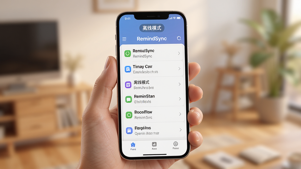 一张展示离线使用场景的图片,画面为一只手拿着手机,手机屏幕显示RemindSync的提醒列表,屏幕上方有