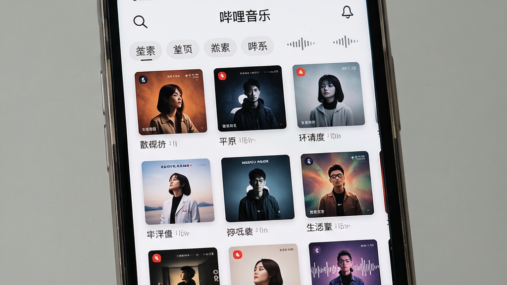 主体是一部手机屏幕中展示着排列整齐的音乐专辑封面网格,布局为九宫格样式,排版上每个格子内包含封面图与曲目标题,风格为现代简约的UI设计风格,细节包括搜索放大镜图标、分类标签栏、音频波形装饰,画面中屏幕上方显示
