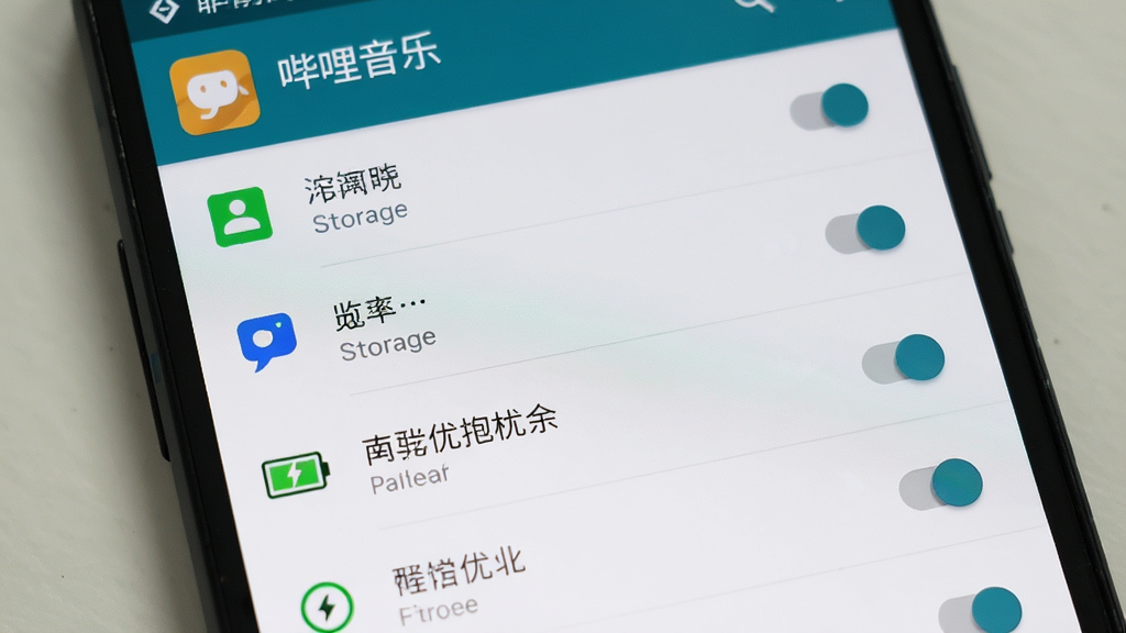 主体是一部手机屏幕显示应用权限设置界面,布局为列表式权限开关排列,排版上每个权限项右侧带有开关按钮,风格为安卓系统原生设置界面风格,细节包括存储、通知、电池优化等图标,画面中屏幕顶部显示