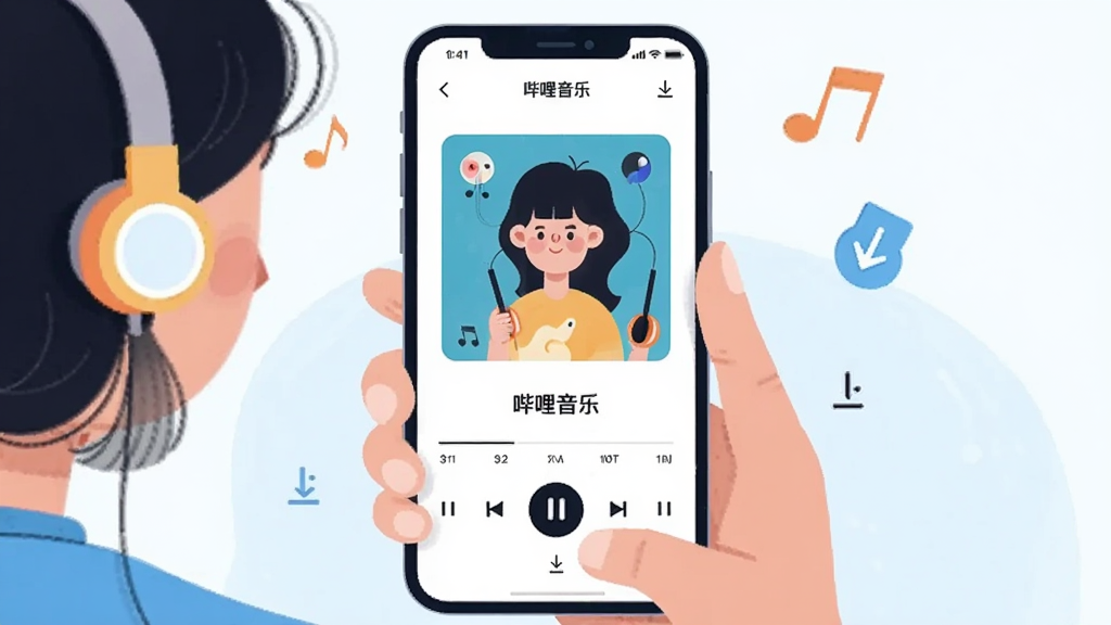 主体是一个手持智能手机的年轻人正在使用音乐播放软件,布局为手机屏幕居中展示播放界面,排版上采用上下结构上方为专辑封面下方为播放控制栏,风格为清新明亮的扁平化插画风格,细节包括耳机、音符、下载箭头等元素点缀,画面中手机屏幕内显示