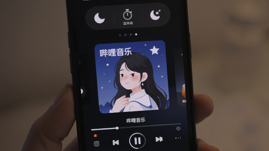 主体是一个手机屏幕显示夜间播放界面,布局为中央大尺寸专辑封面配下方播放控制按钮,排版上顶部为定时关闭设置面板,风格为暗色系夜间模式设计,细节包括月亮图标、定时器图标、睡眠符号,画面中屏幕内显示