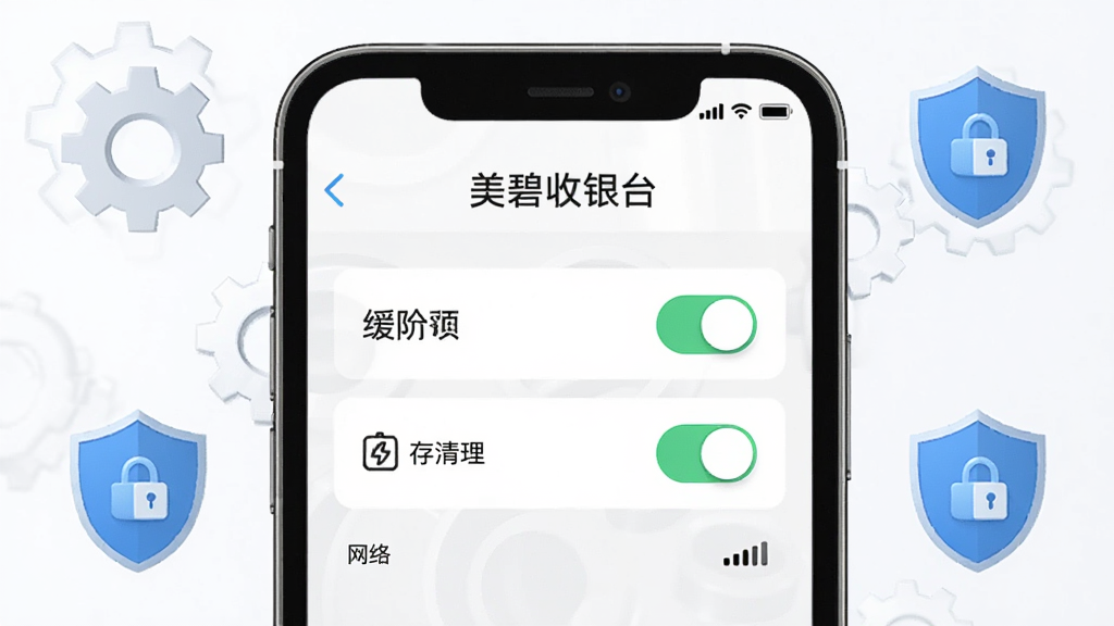 主体为手机屏幕显示“美碧收银台”设置页面与权限开关特写,布局为手机居中、周围环绕齿轮与盾牌图标,排版上软件名称位于屏幕顶部,风格为简洁明快的工具类界面风,细节包含权限开关按钮、缓存清理图标、网络信号标识,画质高清、干净、无多余元素