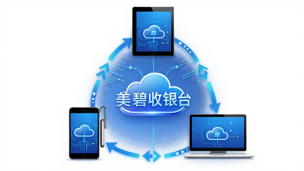 主体为手机、平板、电脑三台设备围绕云端图标排列,布局为三角形环绕构图,排版上居中位置显示“美碧收银台”文字标识,风格为科技感十足的蓝色渐变风,细节包含数据流线条、同步箭头、云朵图标,画质高清、干净、无多余元素