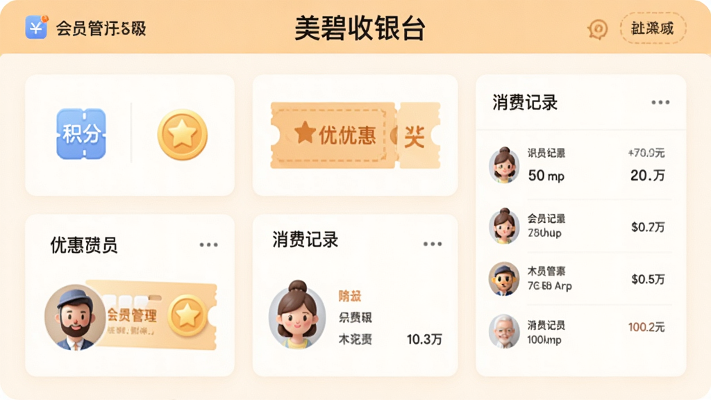 主体为会员管理界面与会员卡元素组合,布局为卡片式信息展示,排版上软件名称“美碧收银台”位于顶部标题栏,风格为温暖亲和的浅色调,细节包含积分图标、优惠券、会员头像、消费记录列表,画质高清、干净、无多余元素
