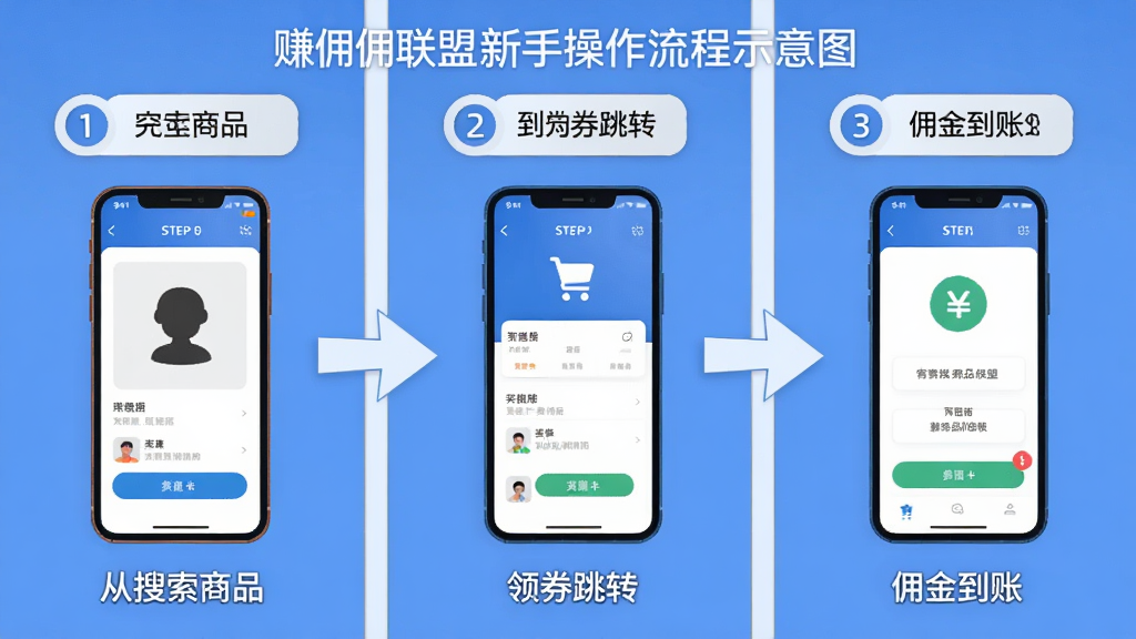 赚佣联盟新手操作流程示意图,画面以横向流程图形式展示手机屏幕上从搜索商品到领券跳转再到佣金到账的三个步骤,每个步骤配手机界面缩略图和箭头连接,布局为横向等分构图,风格为简洁信息图插画,细节包括步骤序号、图标和简短文字标签,画质清晰干净,无多余装饰