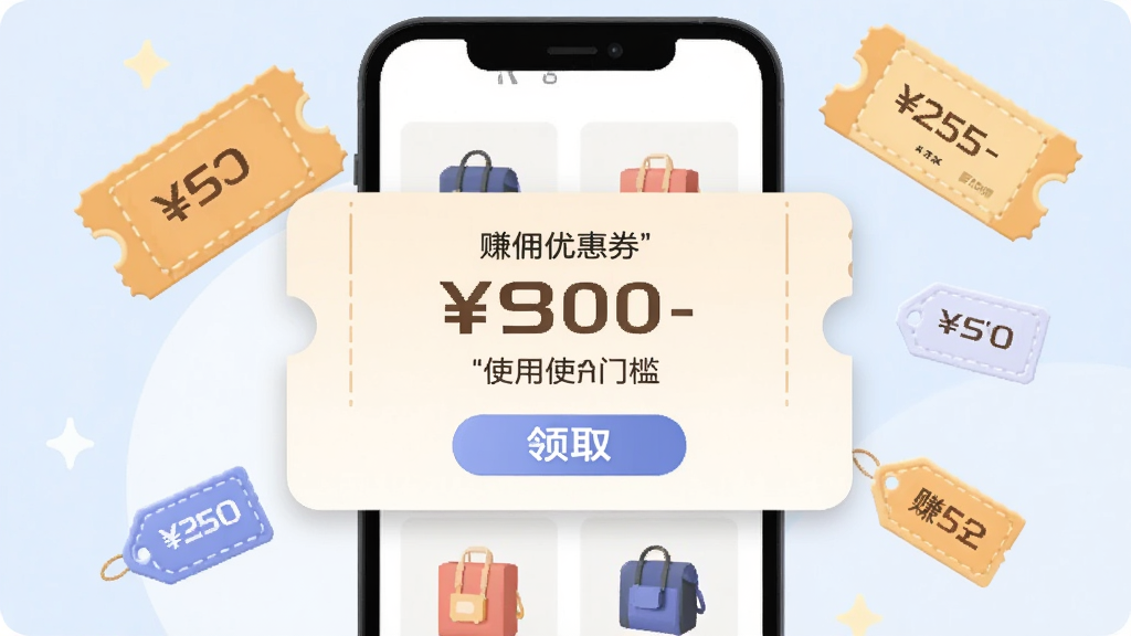 赚佣联盟优惠券自动匹配界面示意图,画面中央为手机屏幕特写,屏幕内展示一张大额优惠券弹窗和商品缩略图,周围点缀券票和小标签图形,布局为居中特写构图,风格为柔和圆角扁平插画,细节包括券面金额、使用门槛文字和领取按钮,画质清晰干净,无杂乱元素