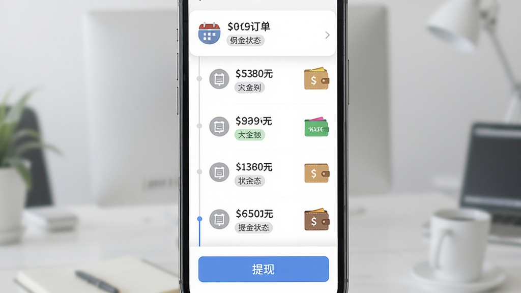 赚佣联盟佣金明细与提现页面展示图,画面主体为手机屏幕内的时间线账单列表,每条记录带有订单图标、金额数字和状态标签,屏幕下方有提现按钮,布局为纵向列表居中展示,风格为清爽商务扁平风,细节包括日历图标、钱包图形和状态色块,画质干净清晰,无多余元素