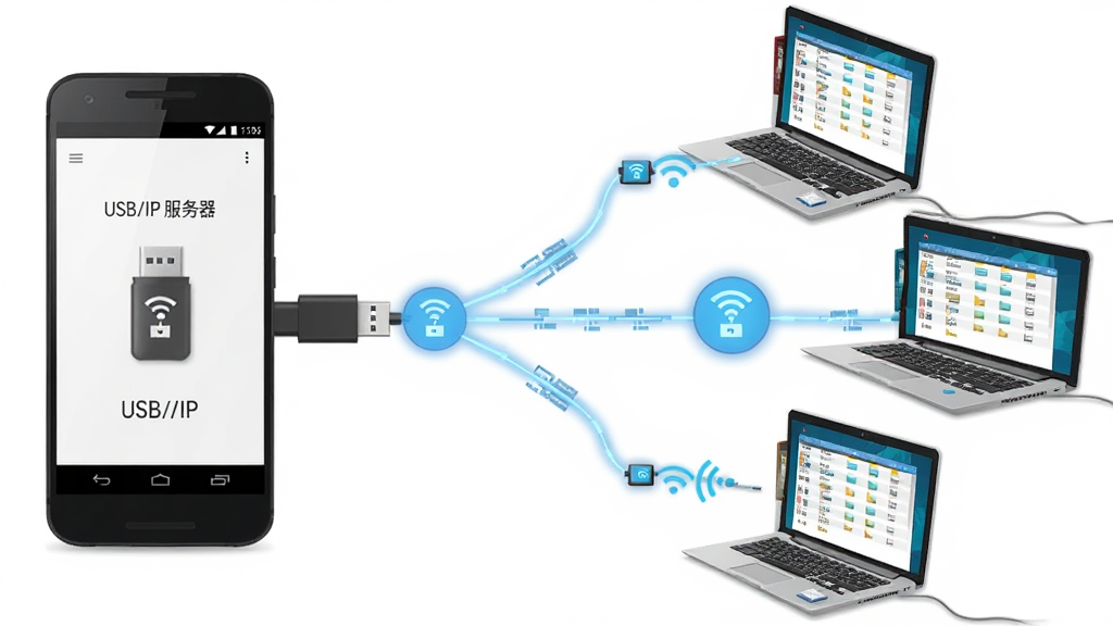 һ�ű��־������ڶ�̨���Թ����ֻ�USB�豸�ĳ���ͼ�����������һ����׿�ֻ�����USB/IP ������������U�̣��Ҳ�����̨�ʼǱ�����ͨ����������ͬʱ���ʸ�U�̣��м��÷��������ڵ����ӣ�����Ϊ�����Һ���չ�����Ű���⣬���Ϊ�ִ���ƽ����廭��ϸ�ڰ���ÿ̨������Ļ��ʾ�ļ��б����ֻ������ע
