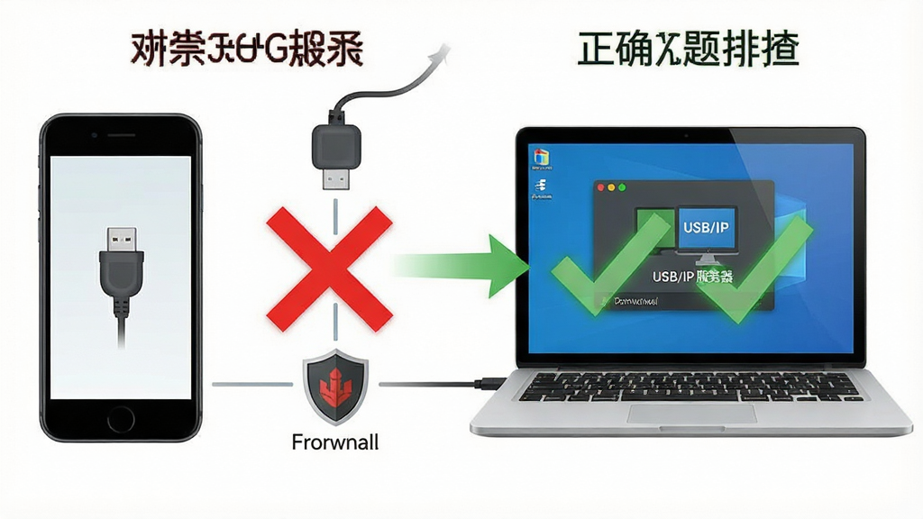һ������ʹ��USB/IP ������ʱ���������Ų��ʾ��ͼ������������һ���ֻ���һ̨�ʼǱ����Բ��ţ��м��ú�ɫ��ź���ɫ�Թ��ֱ��ע������������ȷ���ӷ�ʽ������Ϊ���ҶԱ�ʽ���Ű�ֱ�ۣ����Ϊ�����Ϣͼ���ϸ�ڰ���OTGת��ͷͼ�ꡢ����ǽ����ͼ�ꡢ