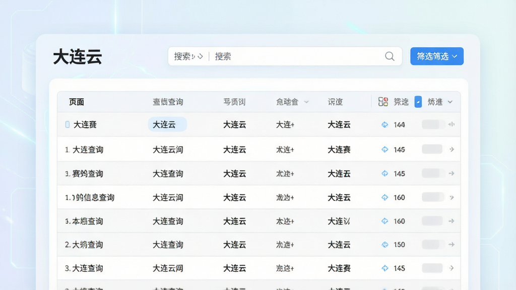一张科技感适中的界面展示图,画面中央为“大连云”赛鸽信息查询页面,表格与列表混排,顶部有搜索框,右侧有筛选按钮;背景为浅色渐变,风格清爽素雅,细节清晰,画质高清,画面干净无杂乱元素
