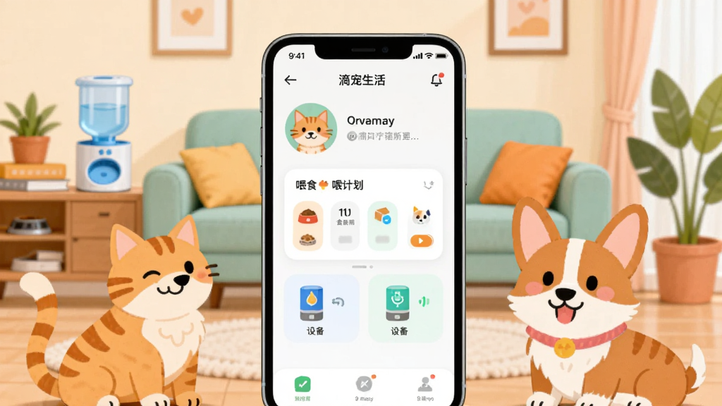 画面主体是一部智能手机,屏幕中显示“滴宠生活”应用界面,界面包含宠物头像、喂食计划卡片与设备状态图标,手机周围环绕着一只橘猫和一只柯基犬的卡通形象,背景为温馨的居家客厅,布局采用中心构图手机居中、宠物分列两侧,风格为清爽扁平化插画,细节包含食盆、饮水机、绿植等元素,画质清晰干净,无多余元素