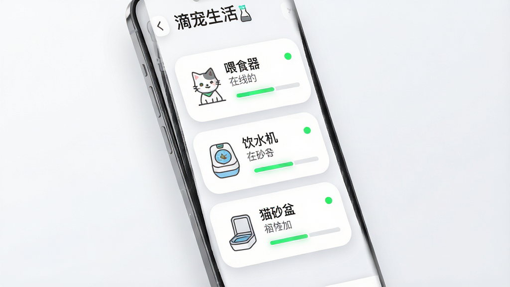 一张展示“滴宠生活”多设备管理界面的示意图,主体为悬浮的手机屏幕,屏幕上排列三张设备卡片分别标注喂食器、饮水机、猫砂盆,卡片显示在线绿色圆点与电量条,布局为纵向卡片列表,风格为科技感轻拟物设计,细节包含细线条图标与柔和阴影,画质高清干净,无多余元素