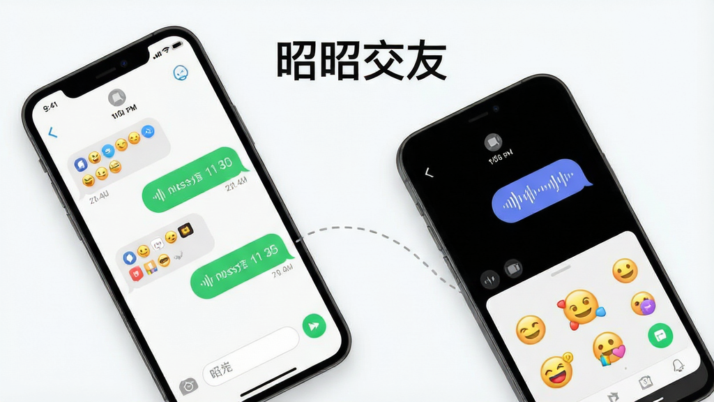 主体为两部手机并排展示聊天界面,左侧手机显示文字对话气泡,右侧手机显示语音消息与表情面板;布局为手机斜向排列,中间以虚线连接;排版上方居中写