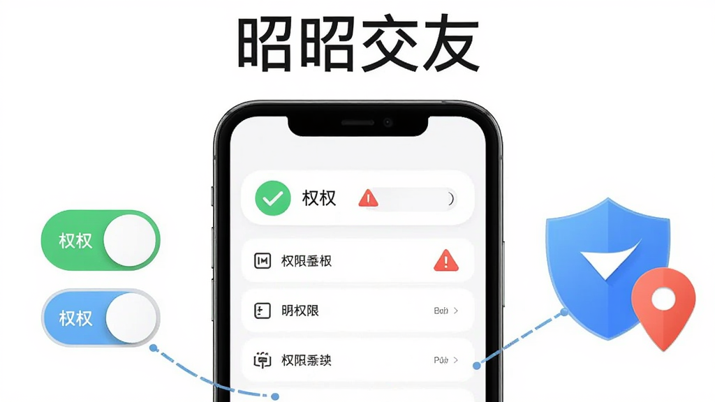主体为一部手机屏幕显示应用权限设置页面,旁边配有盾牌与定位图标;布局为手机居中,左右分别放置权限开关示意与安全盾牌;排版上方写