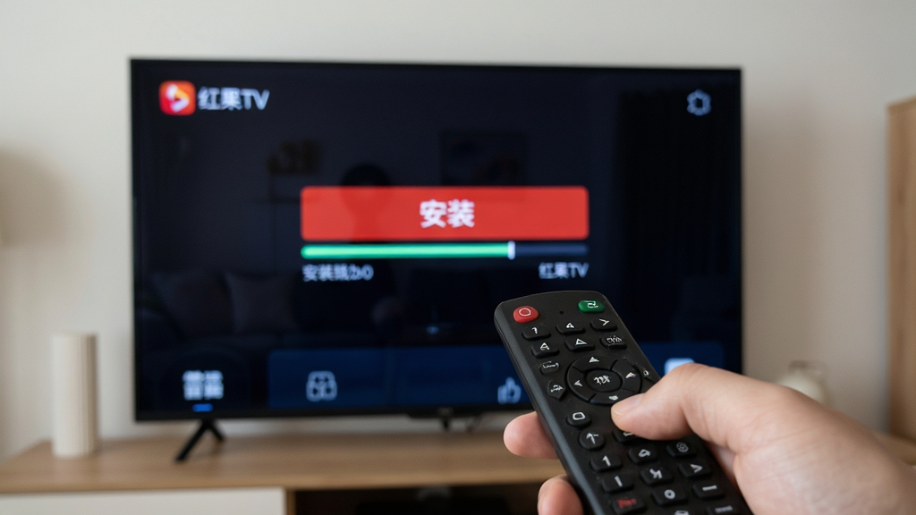 画面主体为一双手拿着遥控器对着电视操作红果TV安装界面的场景,电视屏幕显示“安装”按钮与进度条,布局为前景遥控器特写、中景电视屏幕、背景为客厅墙面,风格为生活实拍风,细节包含遥控器按键纹理清晰、屏幕安装进度条显示中、界面文字“红果TV”可见,画质为高清、干净、无多余元素