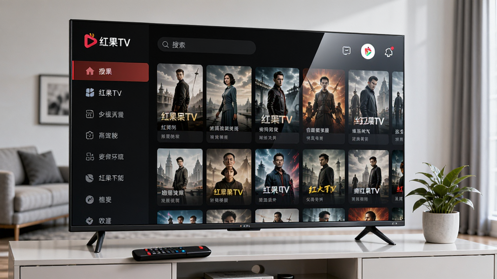 画面主体为一台放置在客厅电视柜上的大屏智能电视,屏幕中显示红果TV应用主界面,界面排版为横向卡片式影视海报墙,左侧为分类导航栏,顶部为搜索框,电视前方摆放遥控器与一盆绿植,背景为简约现代客厅环境,风格为写实产品展示风,细节包含电视边框反光、界面文字“红果TV”清晰可见、海报缩略图排列整齐,画质为4K高清、干净、无多余元素