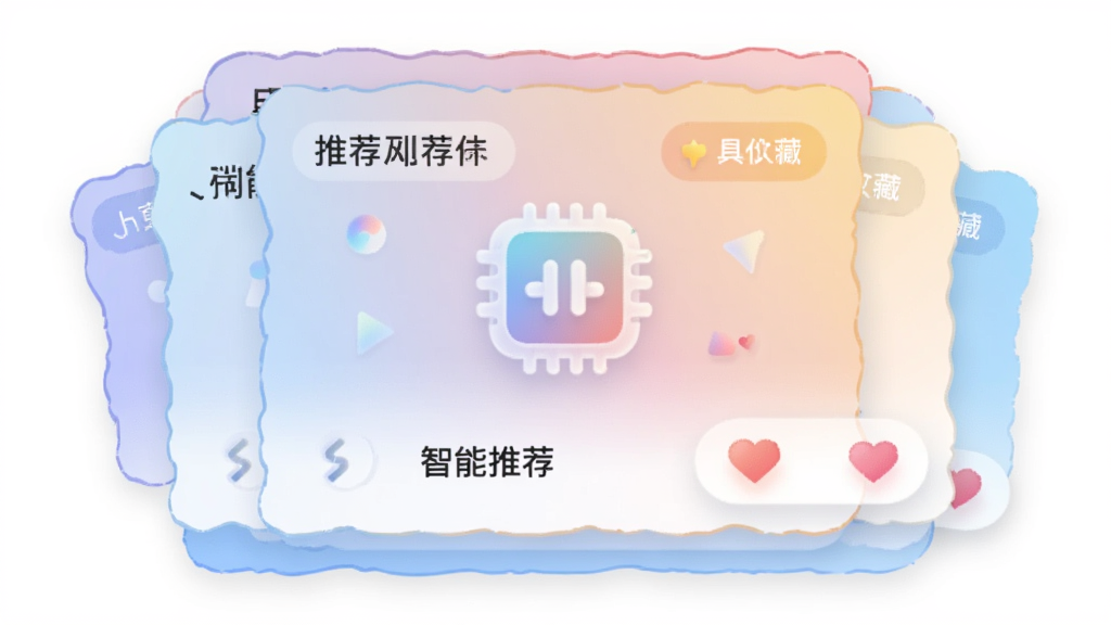 主体为智能推荐界面卡片,布局上卡片分层叠放并带有个性化标签,排版居中对称,风格为柔和渐变插画,细节包含推荐算法图标与心形收藏符号,画质高清干净无多余元素