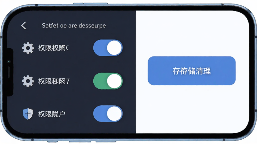 主体为手机屏幕展示设置与权限管理界面,布局上左侧为权限开关列表右侧为存储清理按钮,排版清晰分栏,风格为简约科技插画,细节包含齿轮图标与盾牌安全符号,画质高清干净无多余元素